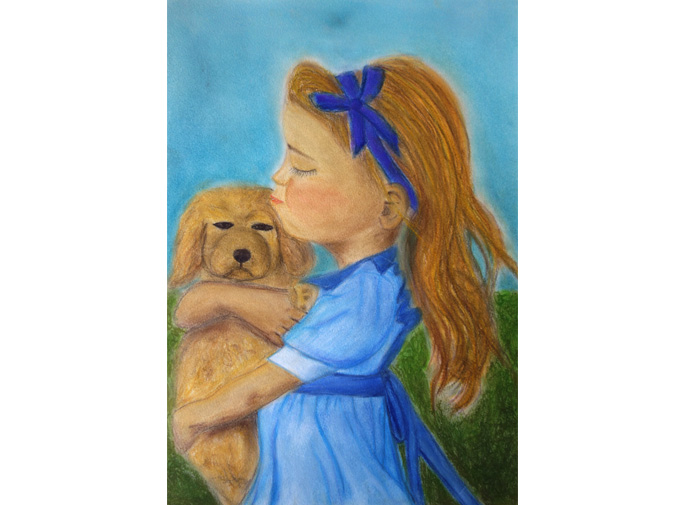 puppy love, girl cuddling dog, pastel drawing design